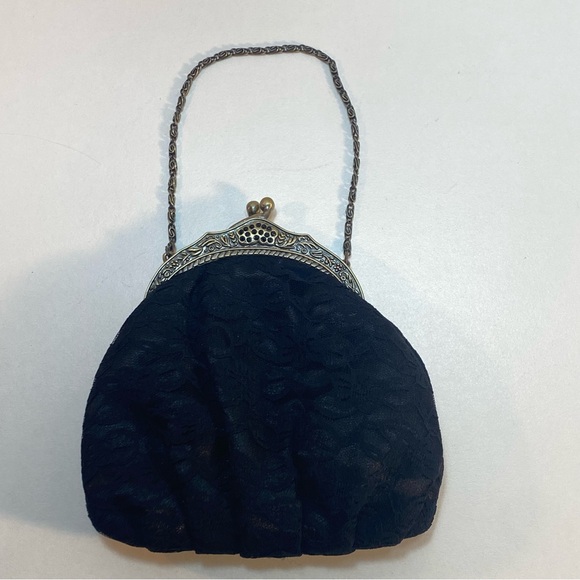 Black Lace Fancy Mini Purse Clutch Kiss Lock Closure Strap Dressy Formal Evening - Picture 1 of 7